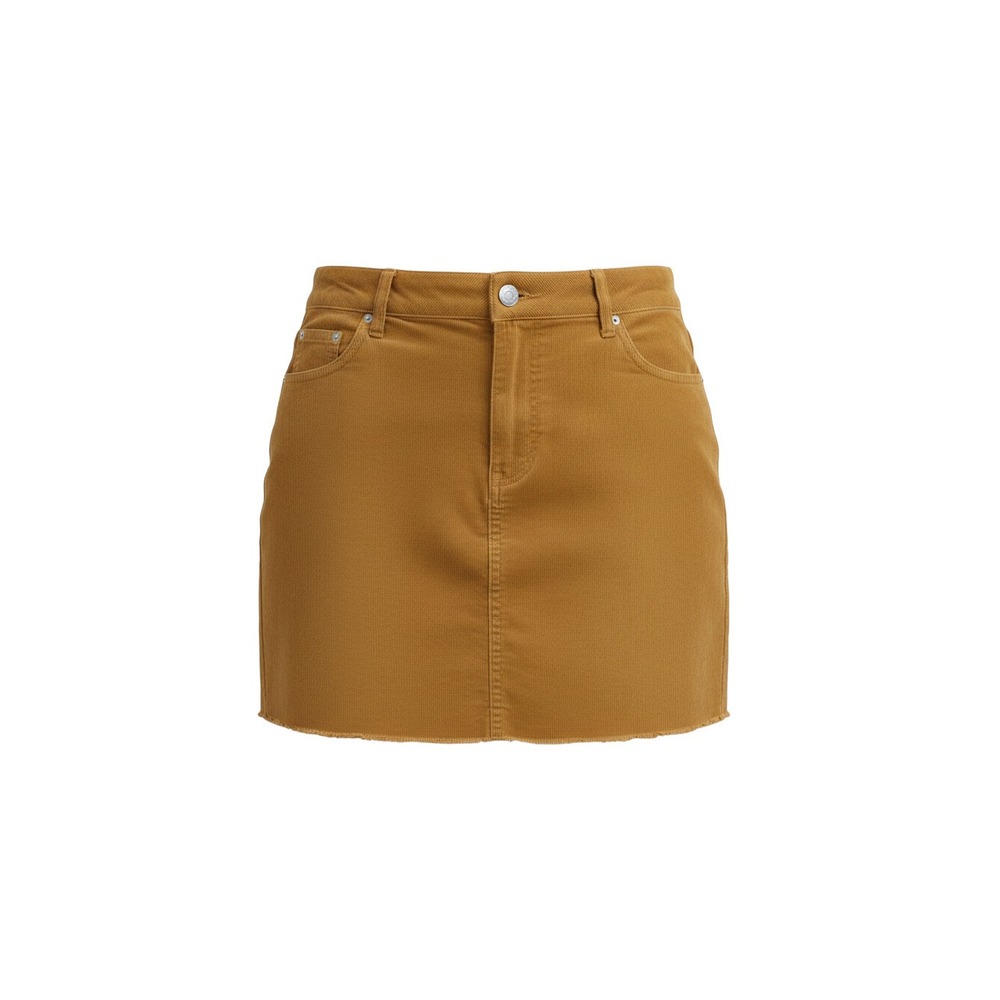 rue21 Corduroy Mini Skirt Womens L Mustard Tan Frayed Hem 5-Pocket Stretch